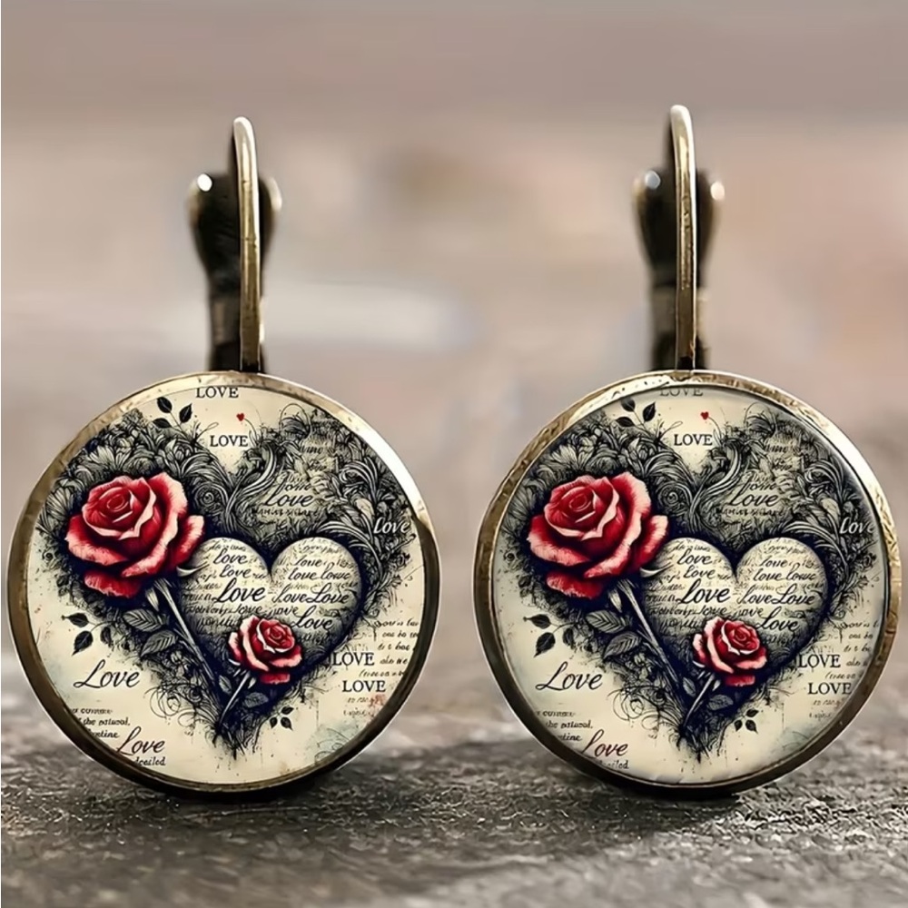 Vintage Bubble Glass Rose Heart Earrings | Romantic Love Print | Antique Gold